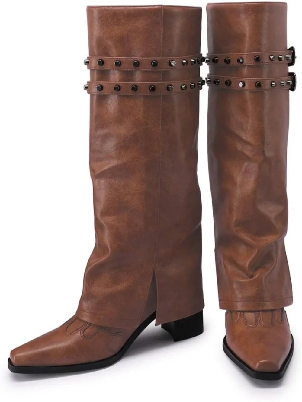 Women's Brown Pointed Toe Block Mid Heel Fold Over Wide Calf Knee High Boots